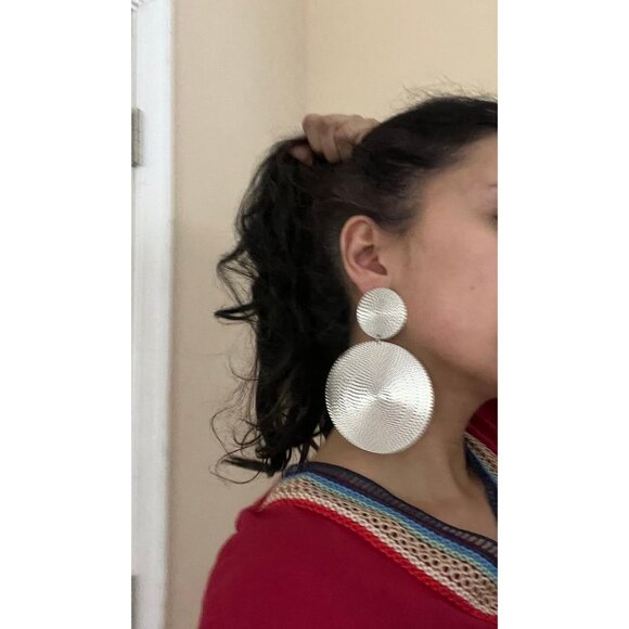 Big Silver earrings disc large metal huge bold statement round circle chunky - Picture 7 of 7